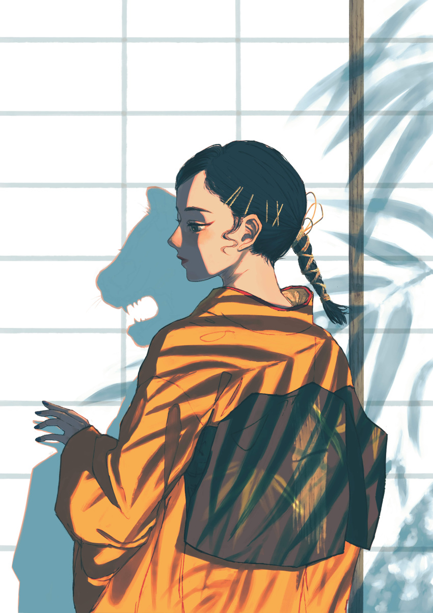 1girl, 2022, absurdres, black_hair, black_sash, chinese_zodiac, different_shadow, from_behind, hair_ornament, hairclip, highres, japanese_clothes, kimono, long_hair, long_sleeves, obi, orange_kimono, original, ponytail, profile, sash, shadow, solo, year_of_the_tiger, yuiai
