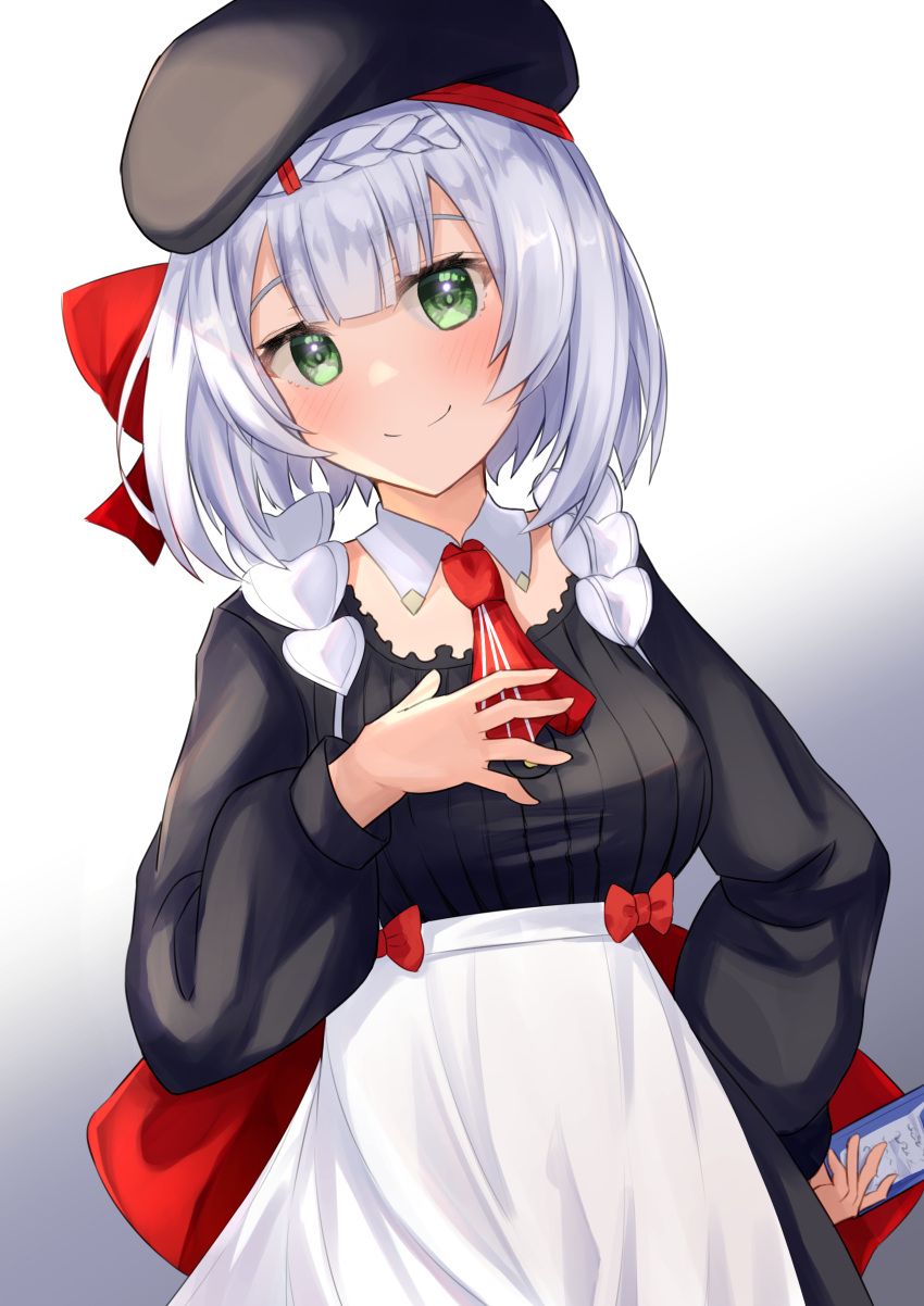 1girl, absurdres, apron, ascot, beret, black_dress, black_hat, blunt_bangs