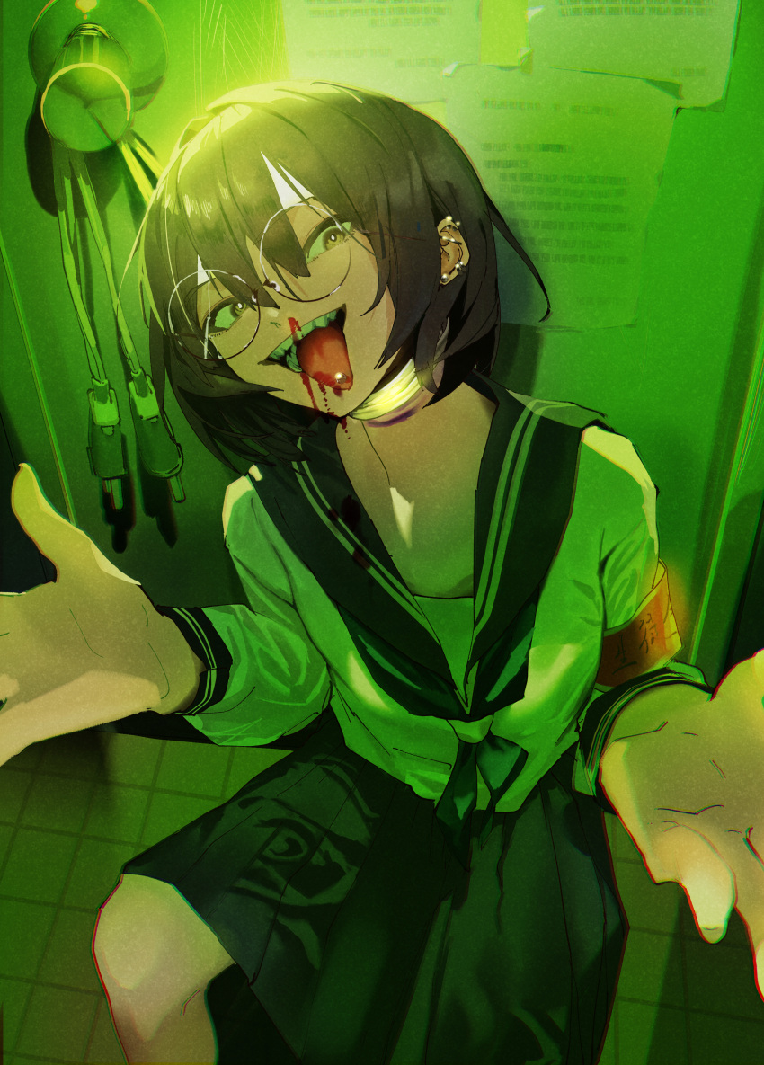 1girl, absurdres, atarashii_gakkou_no_leaders, black_hair, blood, commentary, ear_piercing, garapii