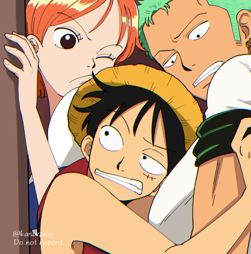 1girl, 2boys, arm_up, armband, black_hair, clenched_teeth, closed_eyes, copyright_request, cramped, earrings, eyelashes, green_eyes, green_hair, hat, jewelry, kasuga_akira, looking_at_another, monkey_d._luffy, multiple_boys, nami_(one_piece), one_piece, orange_hair, roronoa_zoro, scar, scar_on_face, shirt, short_hair, sleeveless, straw_hat, teeth, toned, toned_male, twitter_username, white_shirt