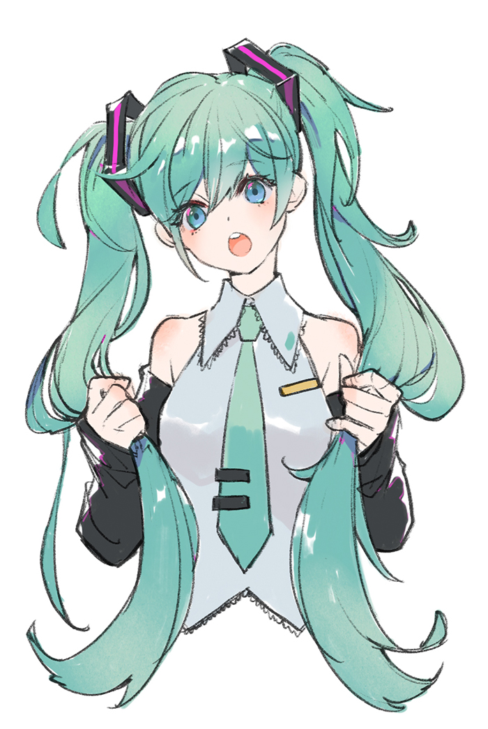 1girl, 35_7_9, bare_shoulders, blue_eyes, blush, collared_shirt, cropped_torso, detached_sleeves, green_hair, green_necktie, hair_between_eyes, hair_tie, hatsune_miku, holding, holding_own_hair, long_hair, looking_at_viewer, necktie, open_mouth, shirt, shoulder_blush, simple_background, solo, teeth, twintails, upper_body, upper_teeth_only, very_long_hair, vocaloid, white_background, white_shirt, wing_collar