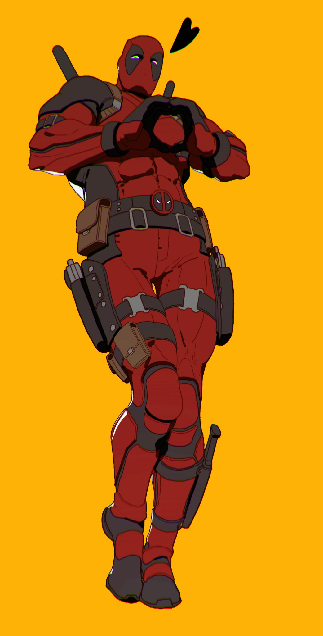 1boy, arms_up, belt, black_belt, buckle, commentary_request, deadpool, deadpool_(series), full_body, galeblack, gun, handgun, heart, heart_hands, highres, holster, holstered, korean_commentary, male_focus, marvel, mask, multiple_belts, no_pupils, pouch, simple_background, snap-fit_buckle, solo, superhero_costume, thigh_belt, thigh_pouch, thigh_strap, weapon, white_eyes, yellow_background