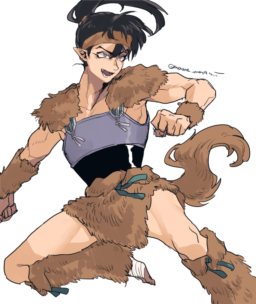1boy, armor, black_hair, blue_eyes, commentary_request, foot_out_of_frame, headband, highres, inuyasha, jumping, kouga_(inuyasha), leg_warmers, long_hair, looking_to_the_side, male_focus, mame_moyashi, pointy_ears, ponytail, simple_background, solo, tail, white_background, wolf_tail