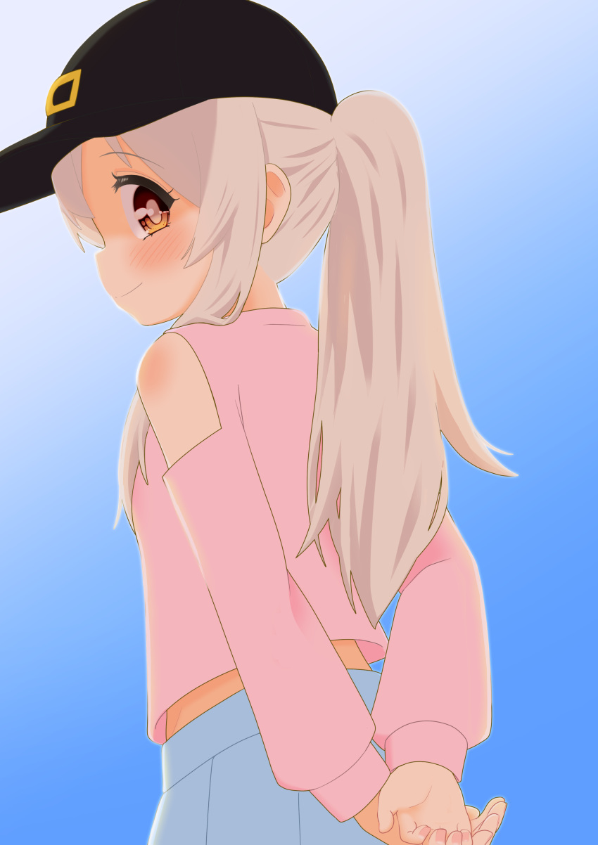 1girl, absurdres, arms_behind_back, baseball_cap, black_hat, blonde_hair, blue_background, blush