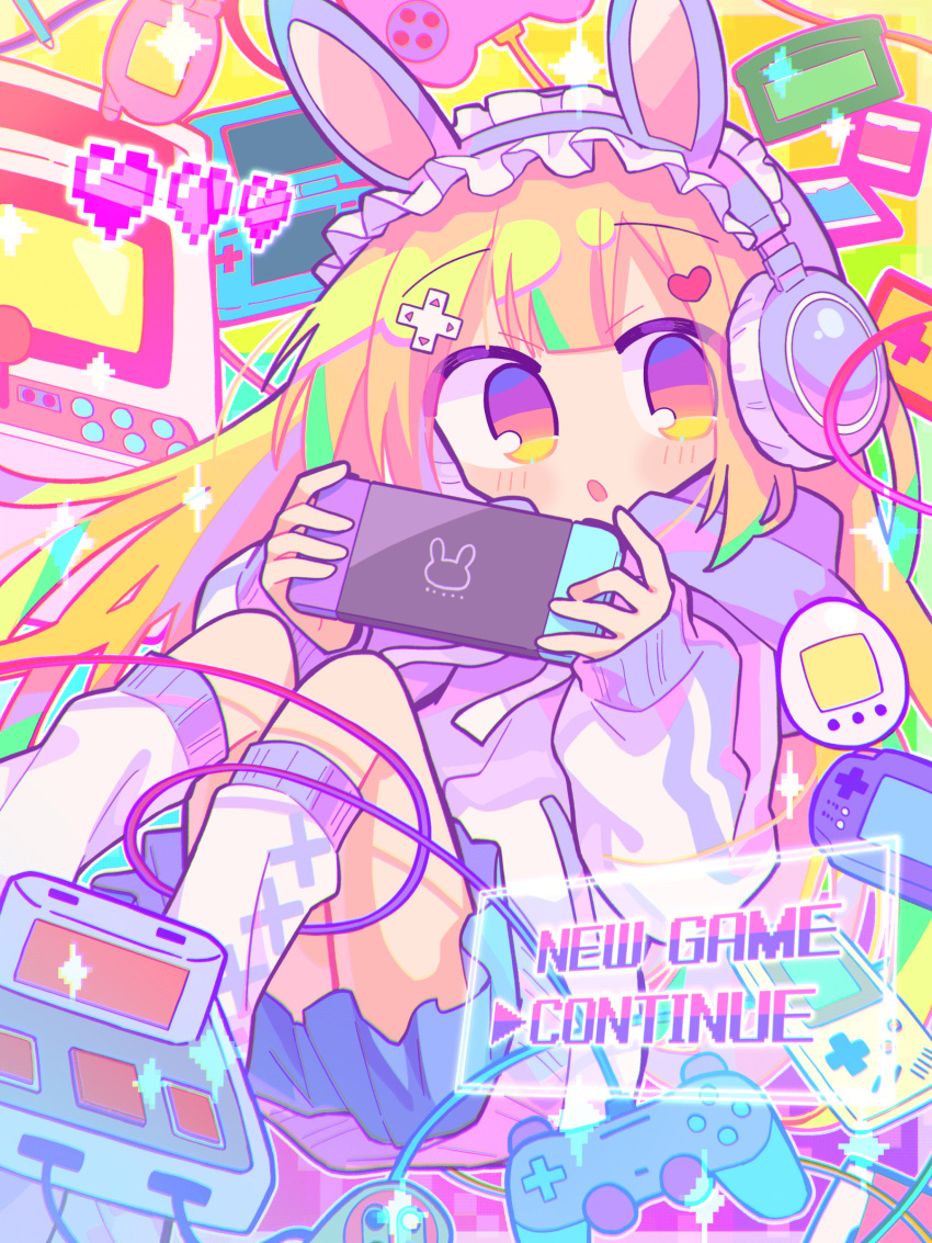 1girl, absurdres, animal_ears, blonde_hair, blue_skirt, commission, controller, fake_animal_ears