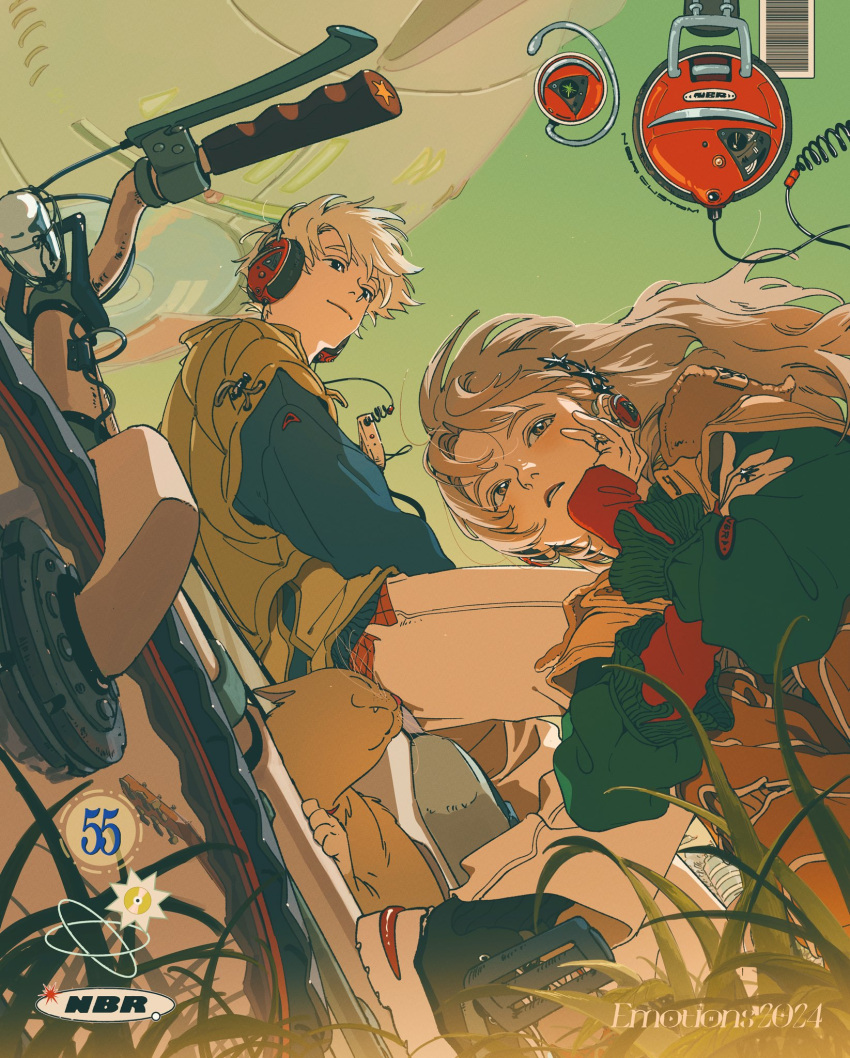 1boy, 1girl, all_nobori, animal, bicycle, black_eyes, black_footwear, blonde_hair