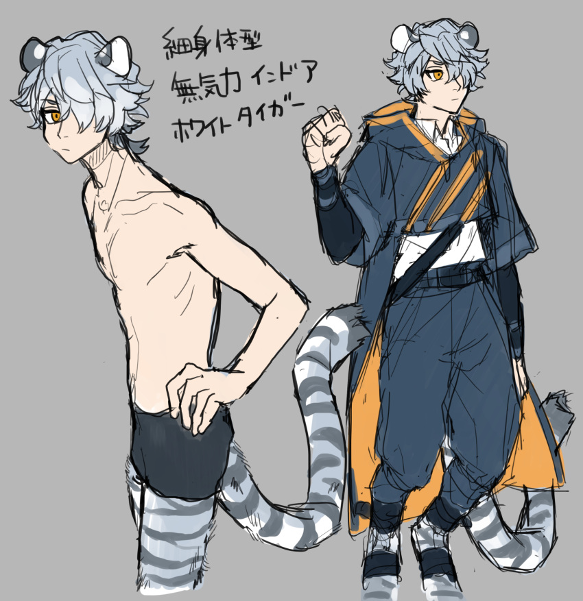 1boy, animal_ears, animal_feet, black_jacket, commentary_request, cropped_jacket, grey_background, grey_hair