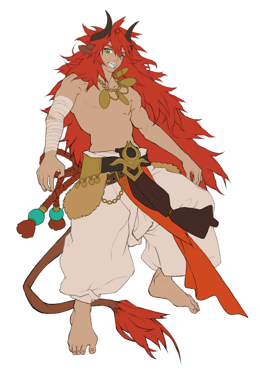 1boy, absurdres, animal_ears, baggy_pants, barefoot, commentary_request, cow_boy, cow_ears