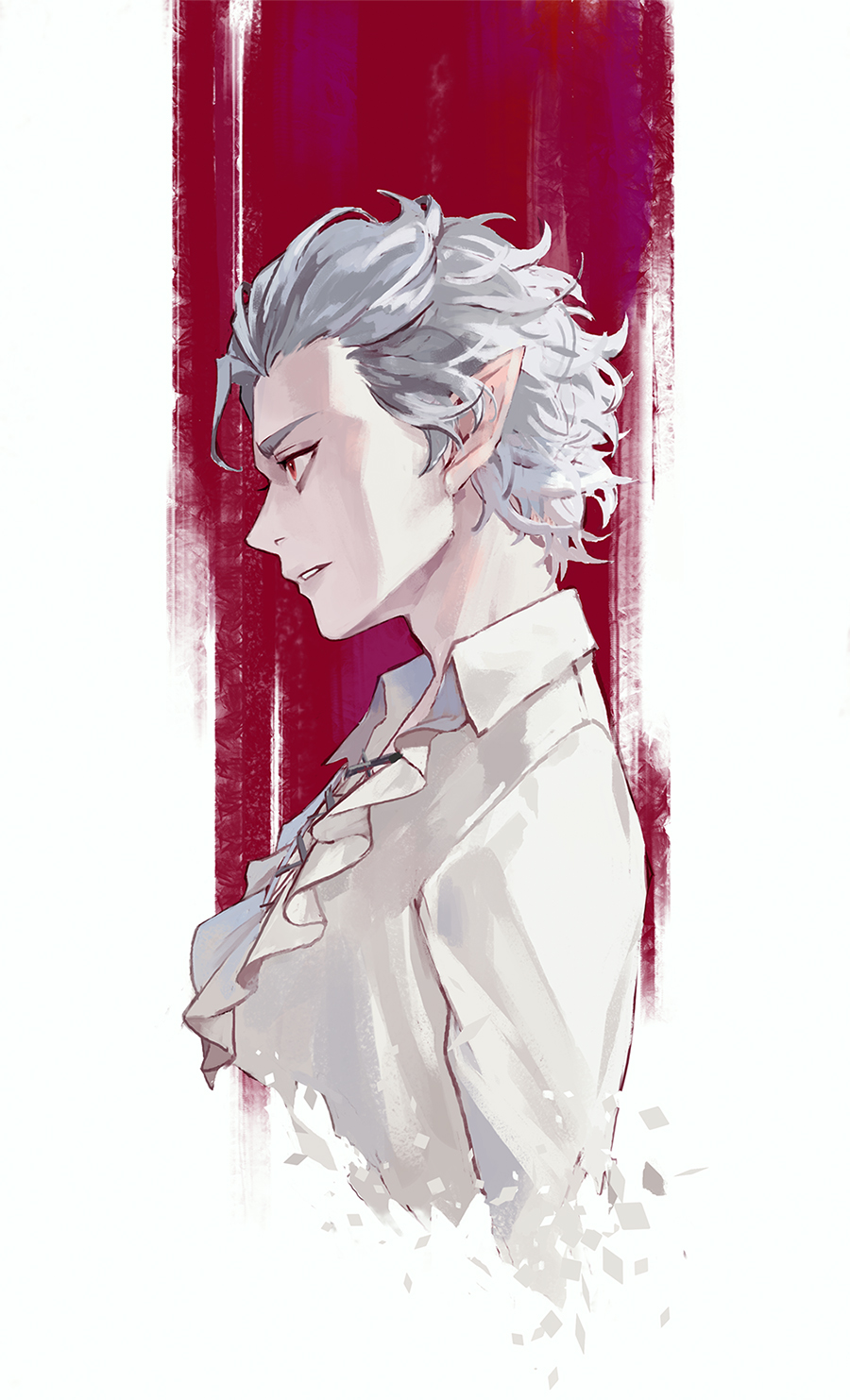 1boy, 35_7_9, astarion, baldur's_gate, baldur's_gate_3, collared_shirt, commentary_request, cropped_arm, cropped_torso, dungeons_&amp;_dragons, frilled_shirt, frills, hair_slicked_back, highres, korean_commentary, looking_ahead, male_focus, parted_lips, pointy_ears, profile, red_eyes, shirt, solo, white_hair, white_shirt