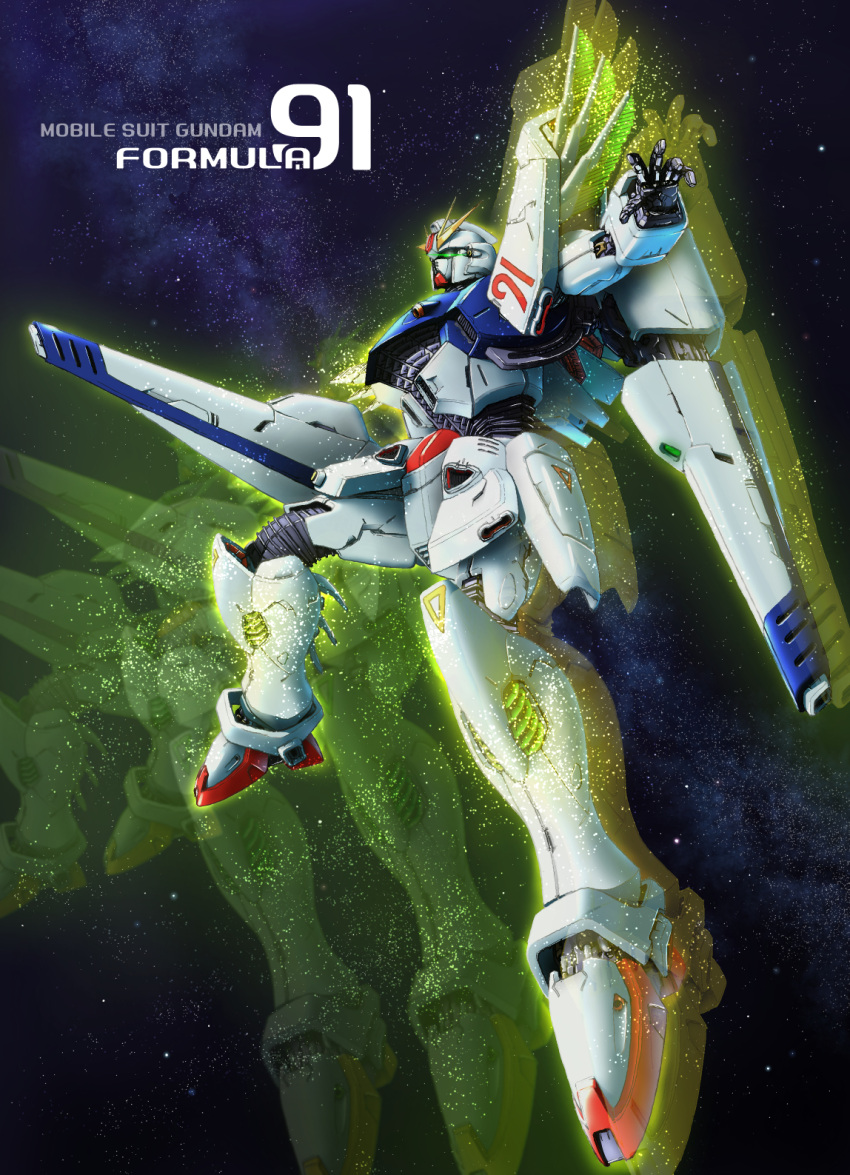 beam_cannon, character_name, commentary_request, energy, english_text, f91_gundam, glowing, gun, gundam, gundam_f91, highres, machine_gun, machinery, mecha, mecha_focus, mobile_suit, nebula, psycho_frame, robot, science_fiction, shield, soichi_nagayuki, space, star_(sky), thrusters, title, v-fin, weapon, zero_gravity