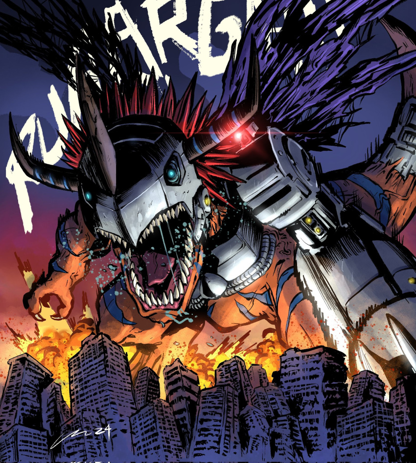 black_sky, blue_eyes, building, carloromeroart, claws, clouds, commentary, destruction, digimon, digimon_(creature), english_commentary, explosion, fake_horns, giant, glint, glowing, glowing_eyes, helmet, highres, horned_helmet, horns, looking_at_viewer, metalgreymon, no_humans, open_mouth, purple_wings, red_light, red_sky, redhead, roaring, saliva, sharp_teeth, short_hair, signature, sky, solo, standing, tail, teeth, tongue, torn_wings, veins, wings