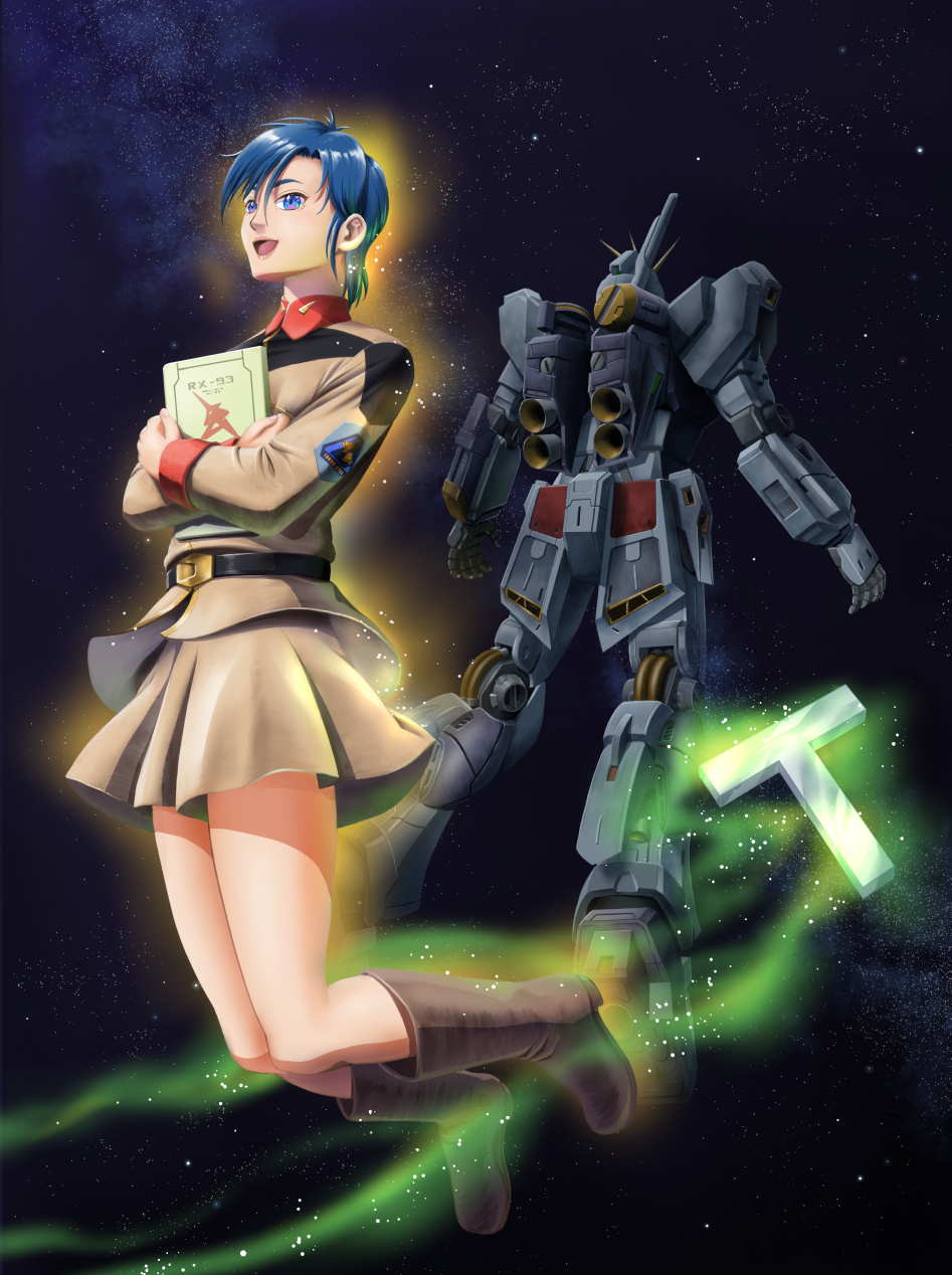 1girl, belt, blue_eyes, blue_hair, book, boots, chan_agi, char's_counterattack
