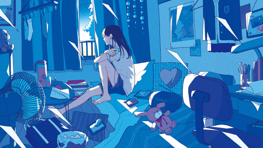 1girl, 76oi, absurdres, bag, barefoot, blue_shorts, blue_theme, cd_player