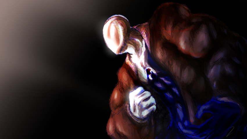 1boy, abs, black_background, broad_shoulders, brown_coat, clenched_hand, coat, colored_skin
