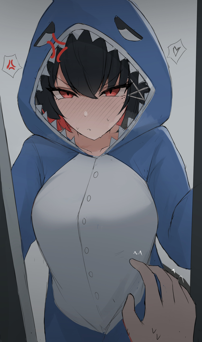 1boy, 1girl, absurdres, anger_vein, animal_costume, black_hair, blush, breasts