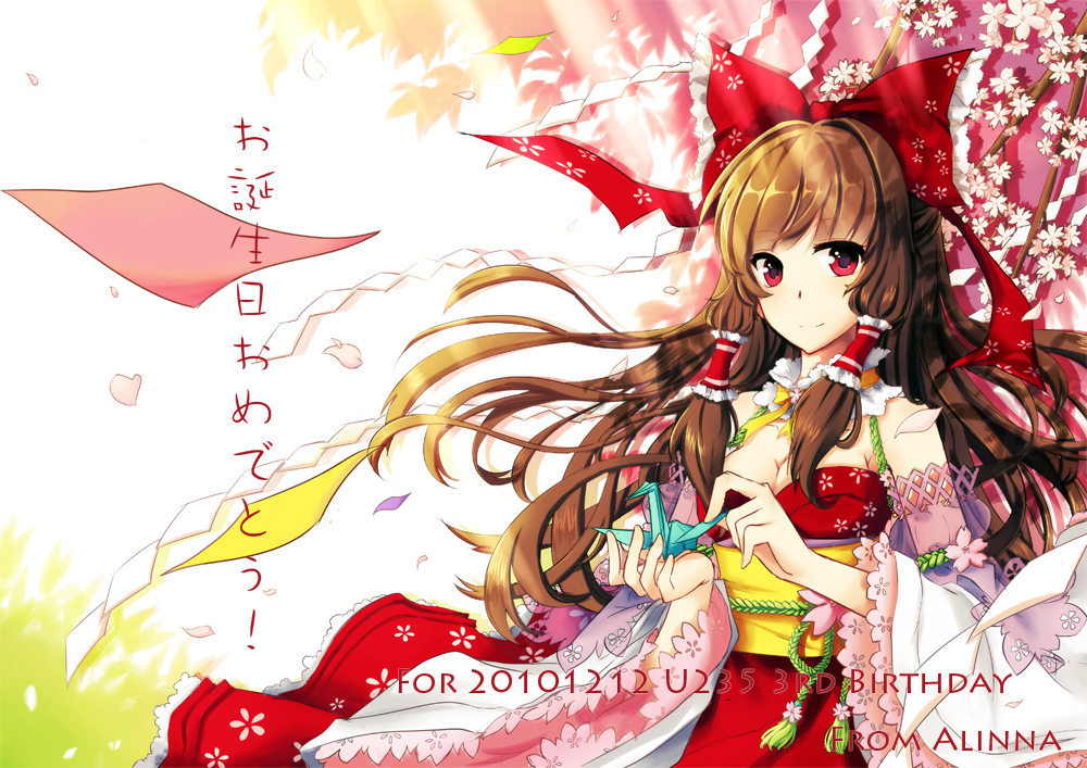 alinna, bow, breasts, brown_hair, cleavage, detached_sleeves, flower, hair_bow