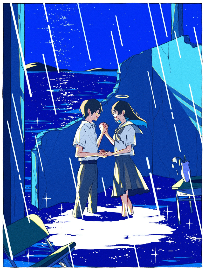 1boy, 1girl, 76oi, belt, black_belt, black_hair, border, chair