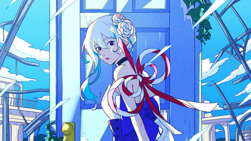 1girl, 76oi, black_choker, blue_hair, choker, clouds, commentary, commentary_request
