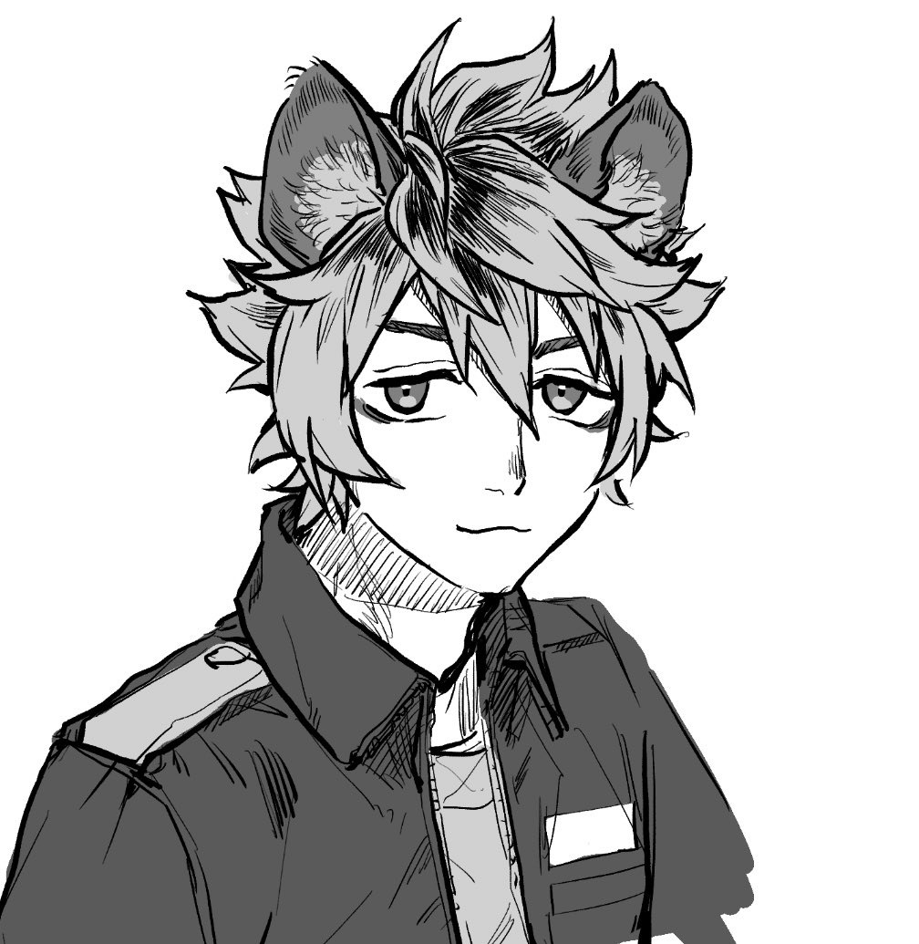 1boy, :3, commentary_request, greyscale, hyena_boy, hyena_ears, looking_at_viewer, male_focus