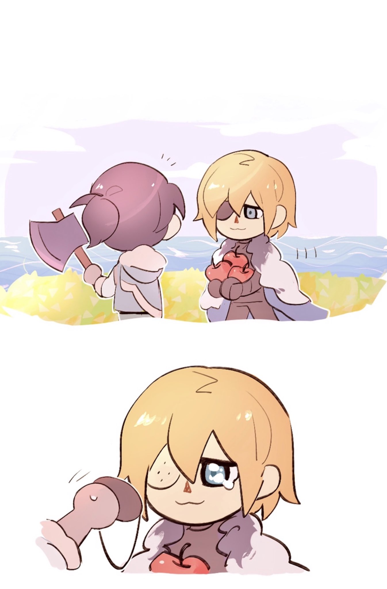 2boys, :3, animal_crossing, apple, aqua_cape, armor, axe, black_armor