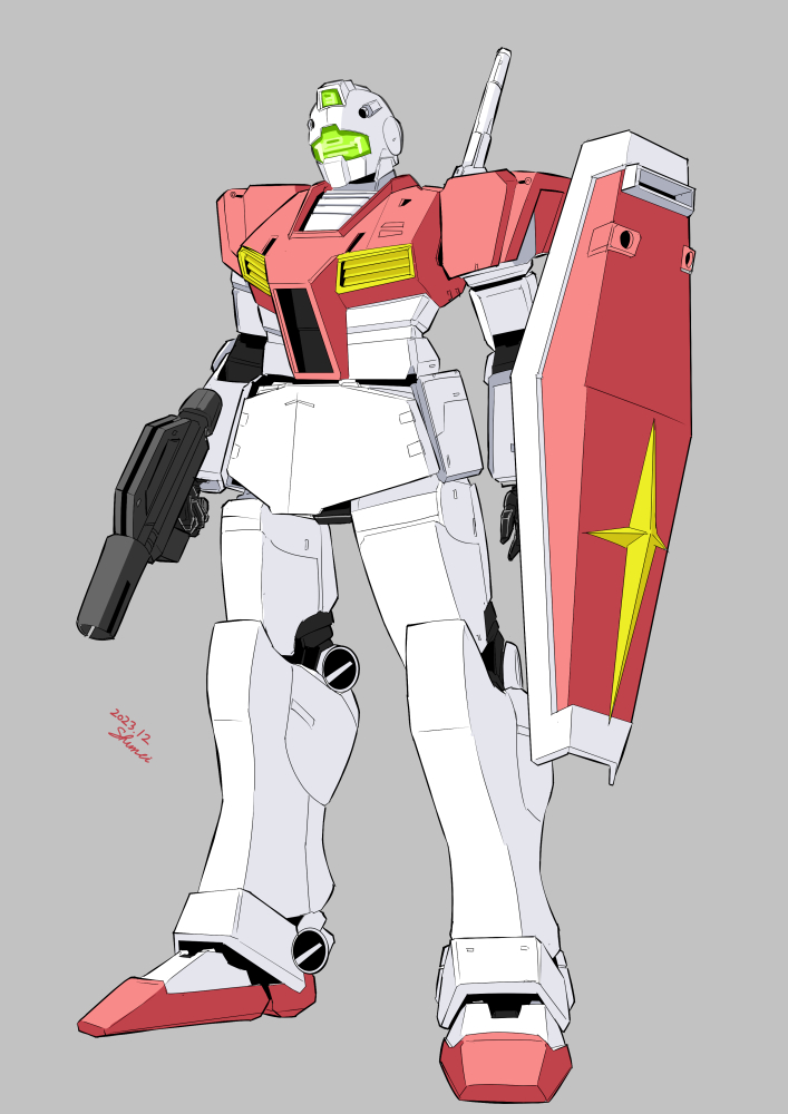 2023, beam_rifle, commentary_request, dated, earth_federation, emblem, energy_gun, gm_(mobile_suit), grey_background, gun, gundam, insignia, kurashou_shumei, machine_gun, machinery, mecha, mecha_focus, mobile_suit, mobile_suit_gundam, no_humans, robot, roundel, science_fiction, shield, signature, weapon