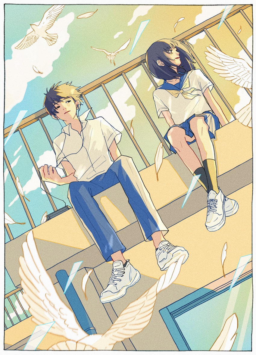 1boy, 1girl, 76oi, black_eyes, black_hair, black_socks, blue_pants, blue_sailor_collar