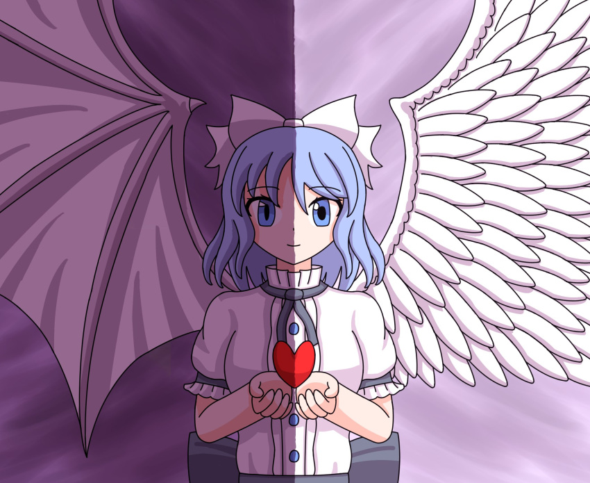 angel_wings, blue_eyes, blue_hair, buttons, change_of_heart, change_of_heart_(cosplay), cosplay, day, demon_wings, dress, feathered_wings, heart, highres, lushiehime, mai_(touhou), necktie, night, short_sleeves, split_image, touhou, touhou_(pc-98), white_dress, white_wings, wings, yu-gi-oh!