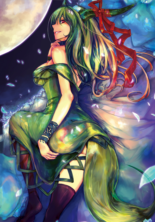 black_legwear, black_thighhighs, ex-keine, green_hair, horn_ribbon, horns, kamishirasawa_keine, long_hair
