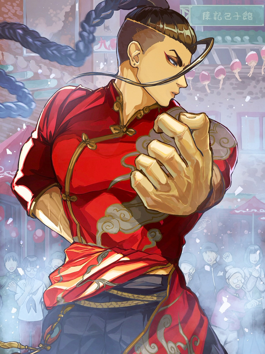 1boy, alternate_costume, arm_behind_back, belt, black_pants, braid, brown_eyes, brown_hair