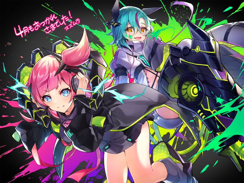 2girls, :d, aqua_eyes, artist_name, black_background, black_jacket, chalice_(phantom_of_the_kill), closed_mouth, green_hair, hair_ornament, headphones, helena_(phantom_of_the_kill), jacket, juliet_sleeves, long_sleeves, looking_at_viewer, midriff, multicolored_hair, multiple_girls, official_alternate_costume, official_art, one_side_up, phantom_of_the_kill, pink_hair, puffy_sleeves, purple_hair, second-party_source, smile, streaked_hair, suzumura_(gumi)