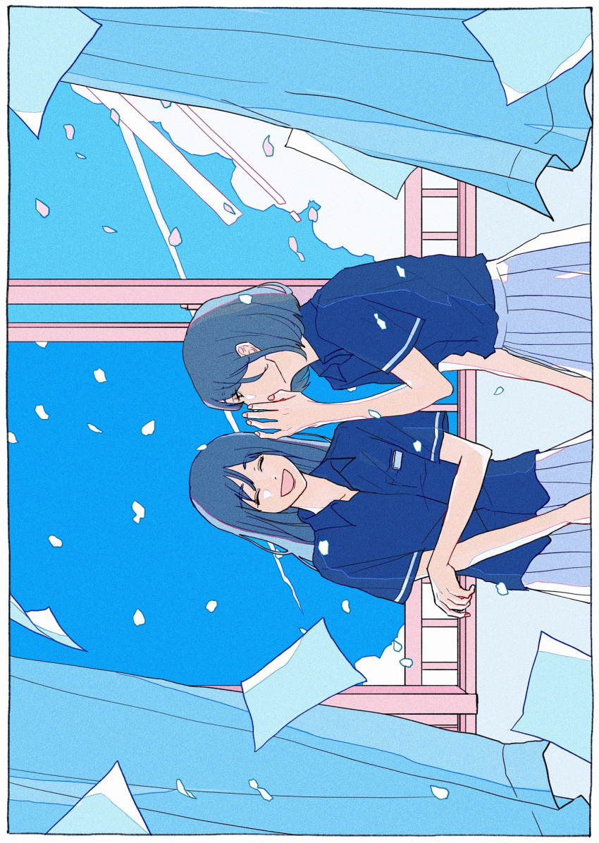 2girls, 76oi, ^_^, black_eyes, blue_shirt, bow, breast_pocket, closed_eyes
