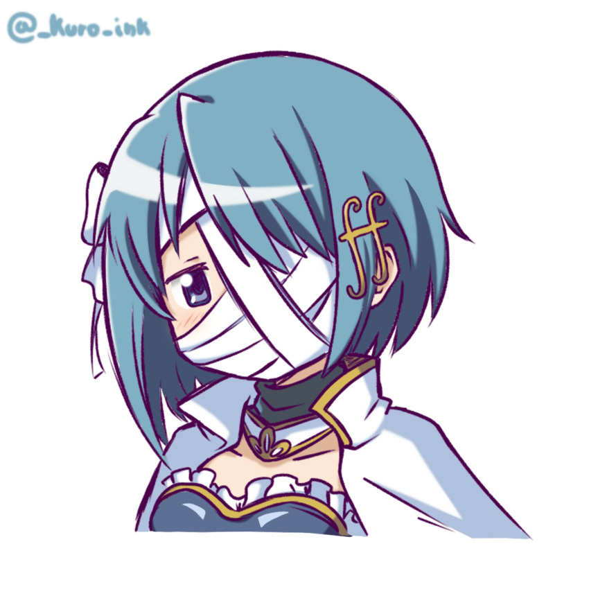 asymmetrical_hair, blue_eyes, blue_hair, capelet, detached_collar, hair_ornament, highres, kuro_ink