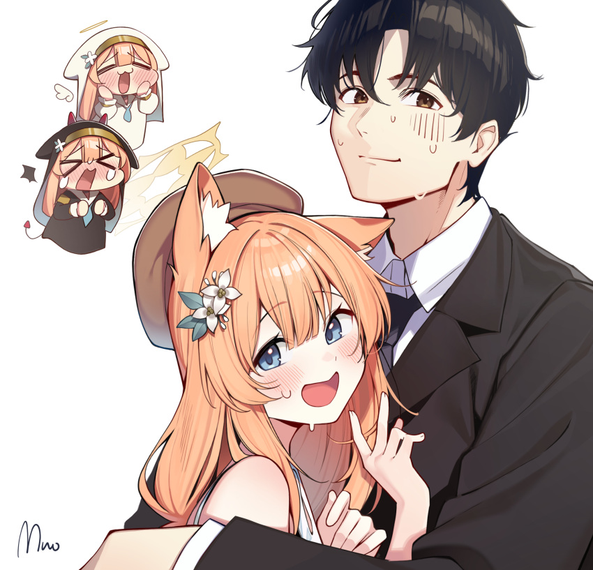 >_<, 1boy, 1girl, alternate_costume, angel, angel_and_devil, angel_wings, animal_ears