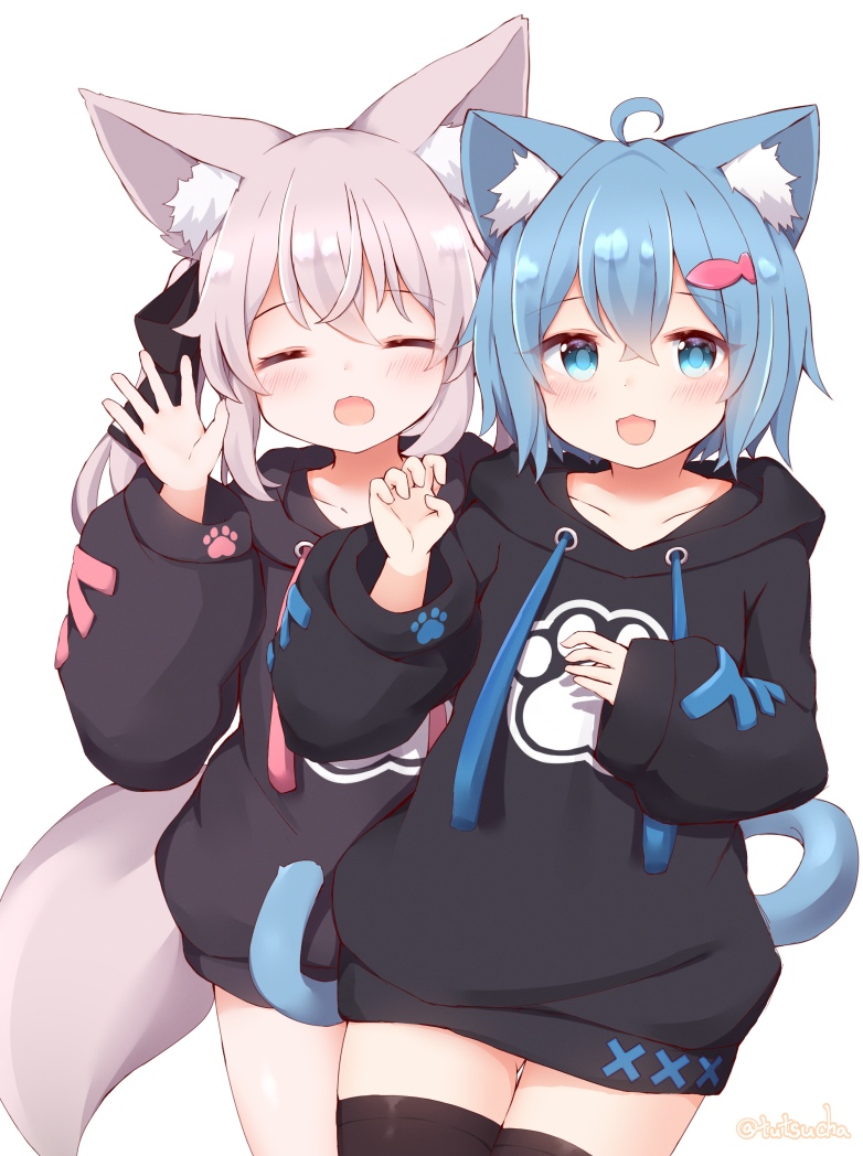 2girls, :d, ^_^, animal_ear_fluff, animal_ears, black_hoodie, black_thighhighs, blue_eyes, blue_hair, cat_ears, cat_girl, cat_tail, closed_eyes, fox_ears, fox_girl, fox_tail, grey_hair, hand_up, hood, hood_down, hoodie, karin_(vrchat), long_hair, long_sleeves, looking_at_viewer, multiple_girls, no_pants, open_mouth, paw_print, rusk_(komado_booth), short_hair, smile, tail, thigh-highs, tutsucha_illust, vrchat