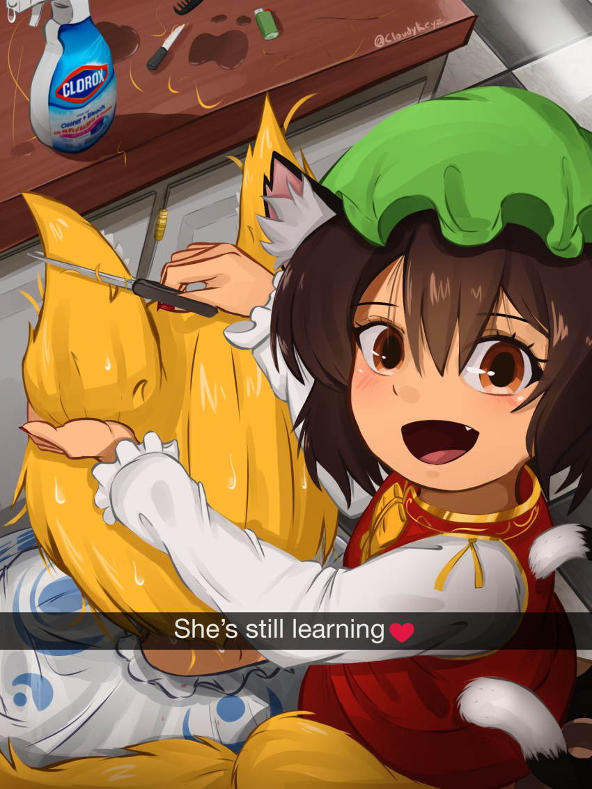 2girls, :d, animal_ear_fluff, animal_ears, blonde_hair, bow, bowtie, brown_eyes, brown_hair, cat_ears, cat_tail, chen, clorox, cloudykeyz, cutting_hair, double-parted_bangs, english_commentary, eyelashes, fang, fox_ears, frilled_sleeves, frills, from_above, gold_trim, hair_between_eyes, happy, hat, highres, holding, holding_scissors, light_blush, lighter, long_sleeves, looking_at_viewer, looking_back, mob_cap, multiple_girls, multiple_tails, nekomata, no_headwear, open_mouth, red_skirt, red_vest, scissors, short_hair, skirt, skirt_set, smile, snapchat, tail, touhou, two_tails, vest, yakumo_ran, yellow_bow, yellow_bowtie