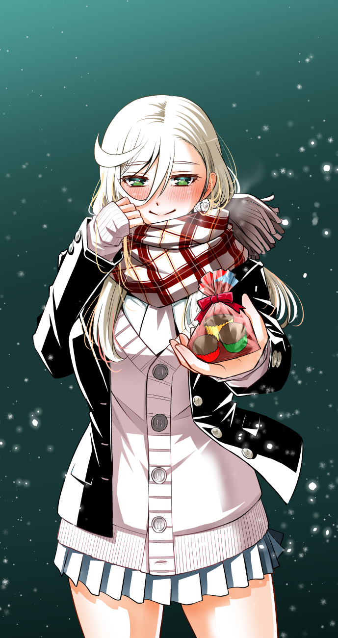 1girl, aqua_background, black_jacket, blazer, blonde_hair, blush, cardigan, chocolate