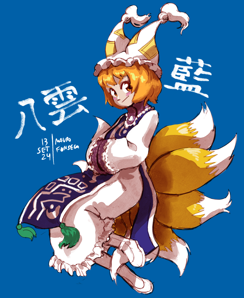 1girl, blue_background, blush_stickers, brown_eyes, dated, dress, fox_tail, full_body