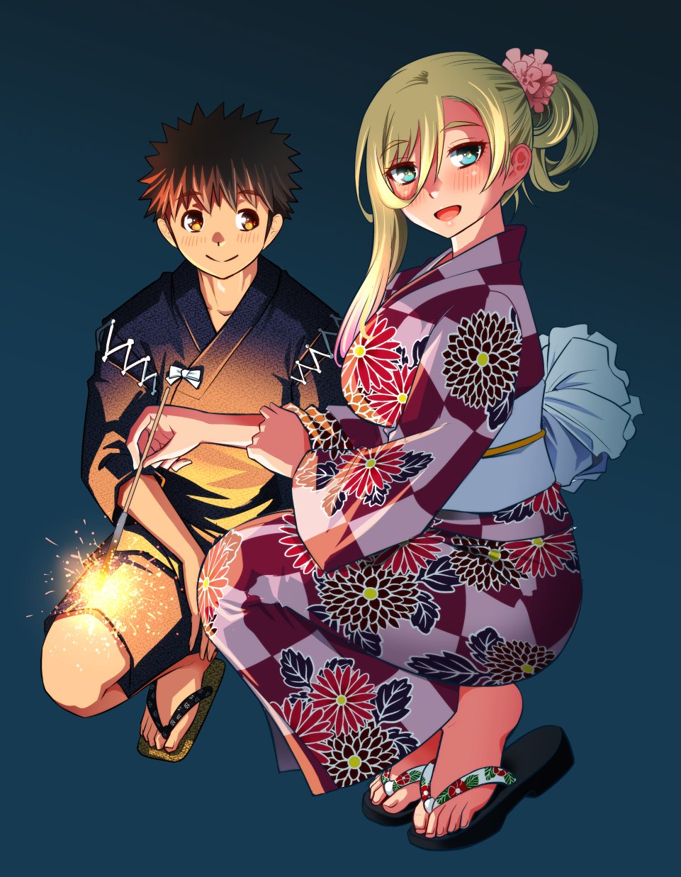 1boy, 1girl, aqua_eyes, aqua_sash, blonde_hair, blue_background, blush, breasts