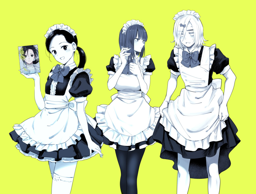 1boy, 2girls, absurdres, aoe_nagi, apron, book, bow, bowtie