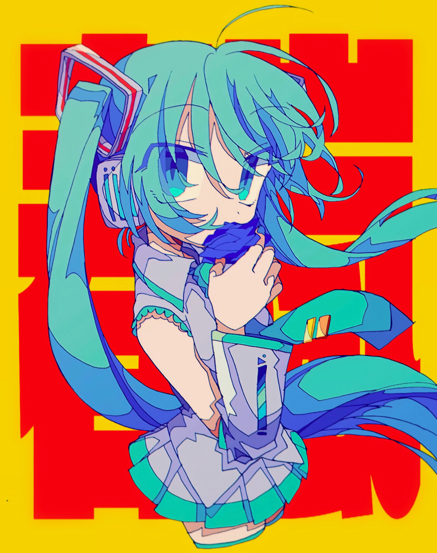 1girl, absurdres, aqua_necktie, aqua_trim, blue_eyes, blue_flower, blue_hair, blue_nails, blue_rose, collared_shirt, cowboy_shot, cropped_legs, detached_sleeves, eyes_visible_through_hair, fingernails, floating_hair, floating_neckwear, flower, grey_shirt, grey_skirt, grey_sleeves, hair_between_eyes, hatsune_miku, highres, holding, holding_flower, long_hair, mekziro, nail_polish, necktie, rose, shirt, shunran_(vocaloid), skirt, solo, twintails, very_long_hair, vocaloid, yellow_background