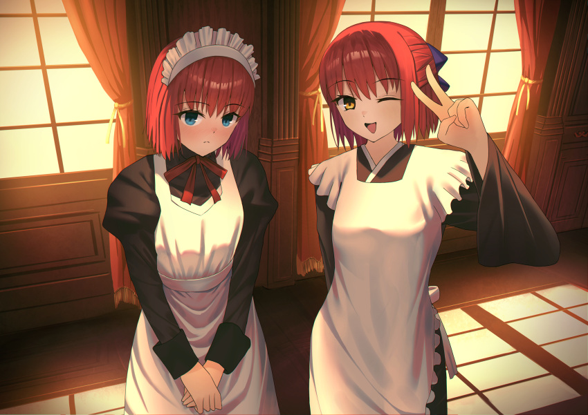 2girls, apron, blue_eyes, blush, glazearty, hair_ribbon, highres, hisui_(tsukihime)