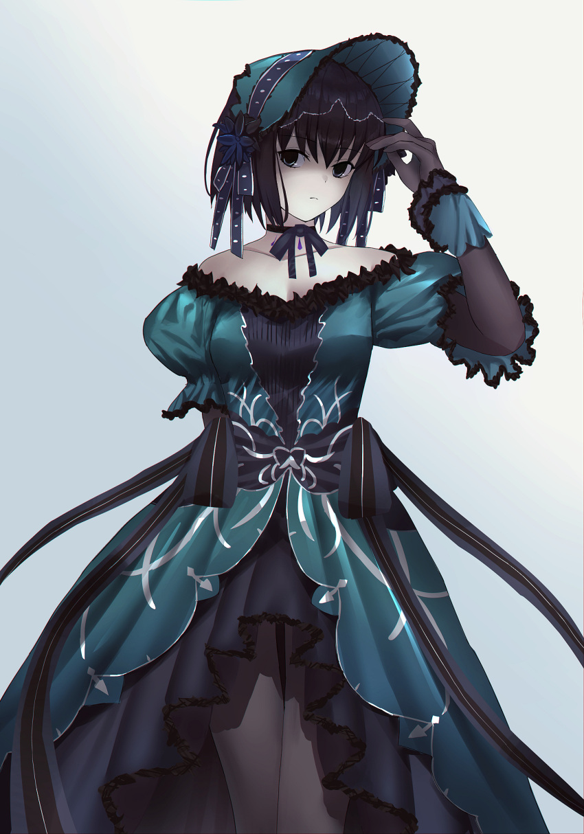 1girl, bare_shoulders, black_eyes, black_hair, bonnet, dress, fate/grand_order, fate_(series), frilled_dress, frills, glazearty, goth_fashion, gothic_lolita, highres, kuonji_alice, lolita_fashion, looking_at_viewer, mahou_tsukai_no_yoru, pantyhose, ribbon, short_hair