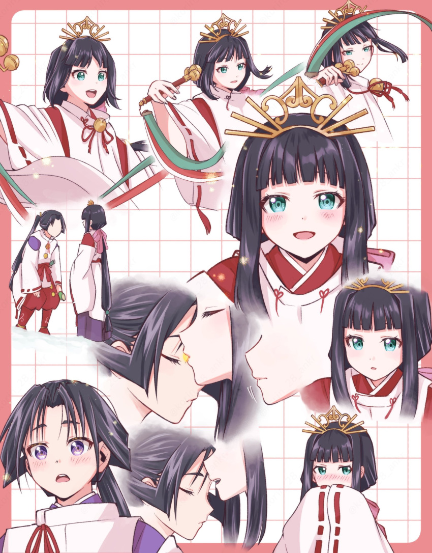 1boy, 1girl, black_hair, blunt_bangs, blunt_sidelocks, blush, green_eyes, hair_ribbon