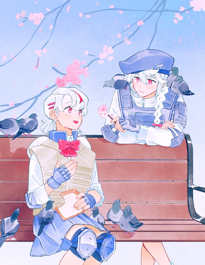 2girls, animal_on_shoulder, bench, beret, bird, bird_on_shoulder, bow, bowtie