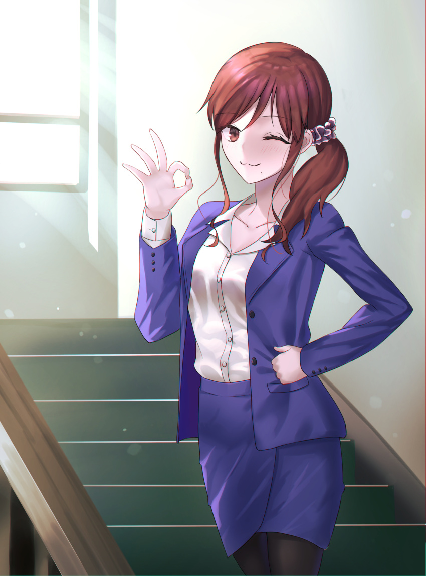 1girl, ;3, blue_jacket, blue_skirt, brown_eyes, brown_hair, glazearty, hair_ornament