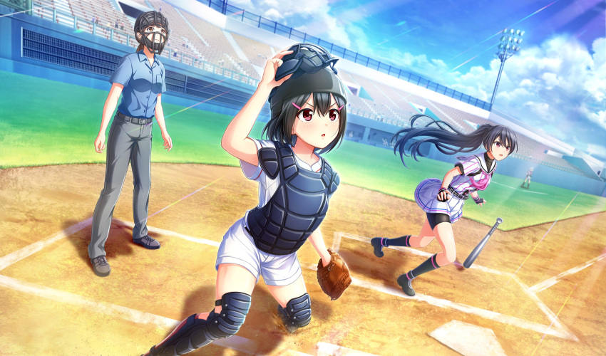 baseball, baseball_mitt, baseball_stadium, baseball_uniform, belt, belt_buckle, bike_shorts_under_skirt, black_belt