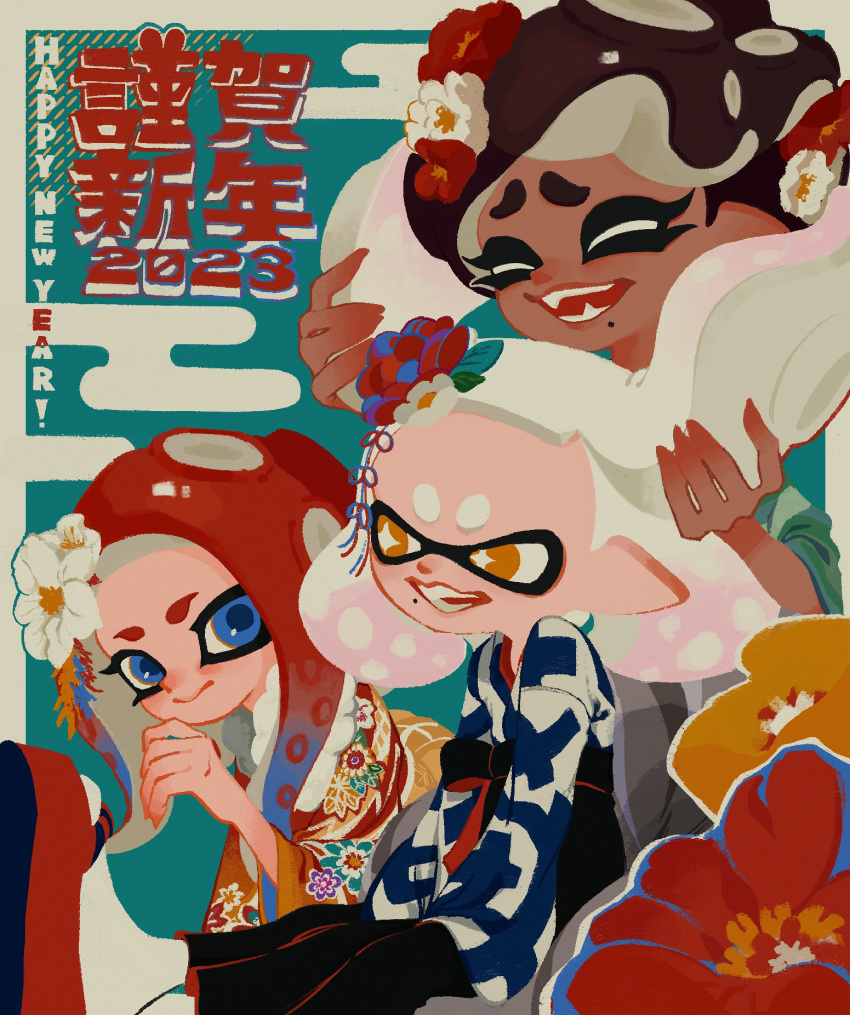 2023, 3girls, alternate_costume, alternate_hairstyle, black_hakama, blue_eyes, blue_hair, blue_kimono, bright_pupils, brown_hair, closed_eyes, closed_mouth, commentary_request, dark-skinned_female, dark_skin, egasumi, floral_print, floral_print_kimono, flower, furrowed_brow, gradient_hair, hair_flower, hair_ornament, hakama, hakama_skirt, happy_new_year, highres, holding_another's_hair, inkling, japanese_clothes, ka1_(k4k37), kimono, long_hair, long_sleeves, looking_at_another, marina_(splatoon), medium_hair, mole, mole_under_mouth, multicolored_hair, multiple_girls, octoling, octoling_girl, octoling_player_character, okobo, open_mouth, orange_eyes, orange_kimono, parted_bangs, pearl_(splatoon), pink_hair, pointy_ears, print_kimono, red_flower, red_footwear, redhead, sandals, short_eyebrows, short_hair, skirt, smile, socks, splatoon_(series), star-shaped_pupils, star_(symbol), suction_cups, symbol-shaped_pupils, tentacle_hair, thick_eyebrows, two-tone_hair, two-tone_kimono, white_flower, white_hair, white_kimono, white_pupils, white_socks, wide_sleeves