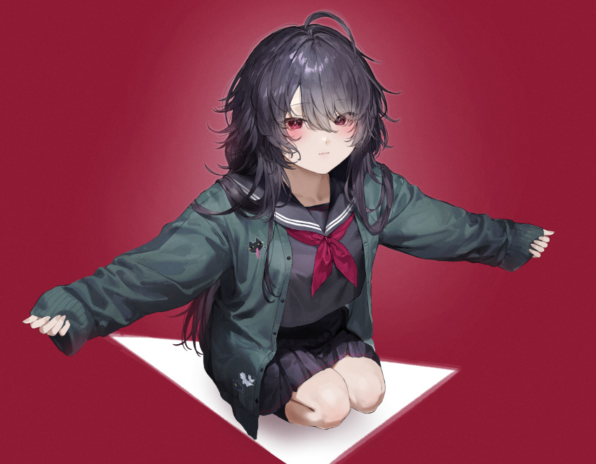 1girl, absurdres, ahoge, black_cardigan, black_hair, black_sailor_collar, black_shirt, black_skirt