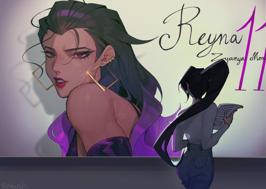 2girls, back_turned, bare_shoulders, black_hair, earrings, hair_behind_ear, hair_slicked_back, highres