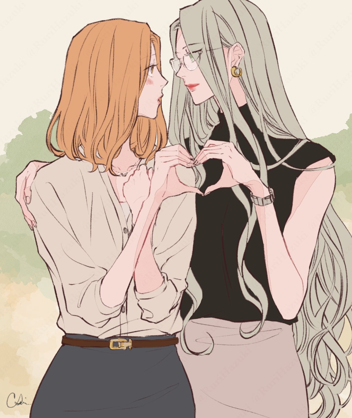 2girls, artist_name, earrings, eye_contact, glasses, green_hair, hand_on_another's_shoulder, hazuki_ruri, heart, heart_hands, heart_hands_duo, highres, jewelry, long_hair, looking_at_another, medium_hair, multiple_girls, necklace, orange_hair, original, watch, watch